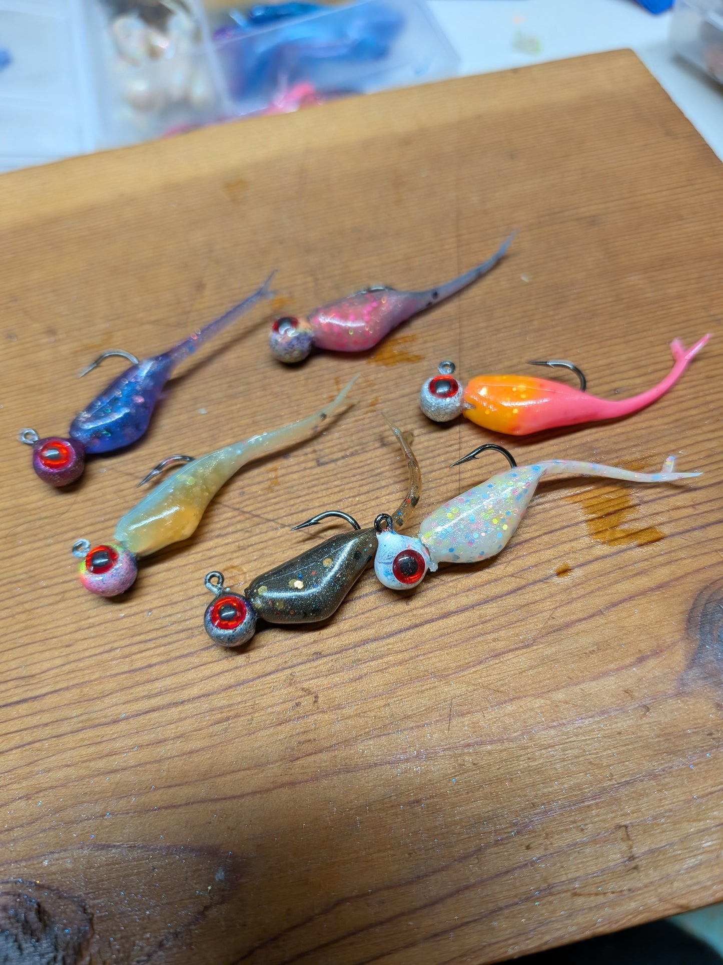 1.5" FC Split Tail Shad with matching 1/32oz Lead Head Jigs.