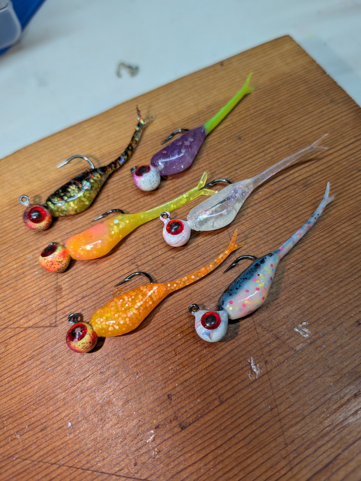 1.5" FC Split Tail Shad with matching 1/32oz Lead Head Jigs.