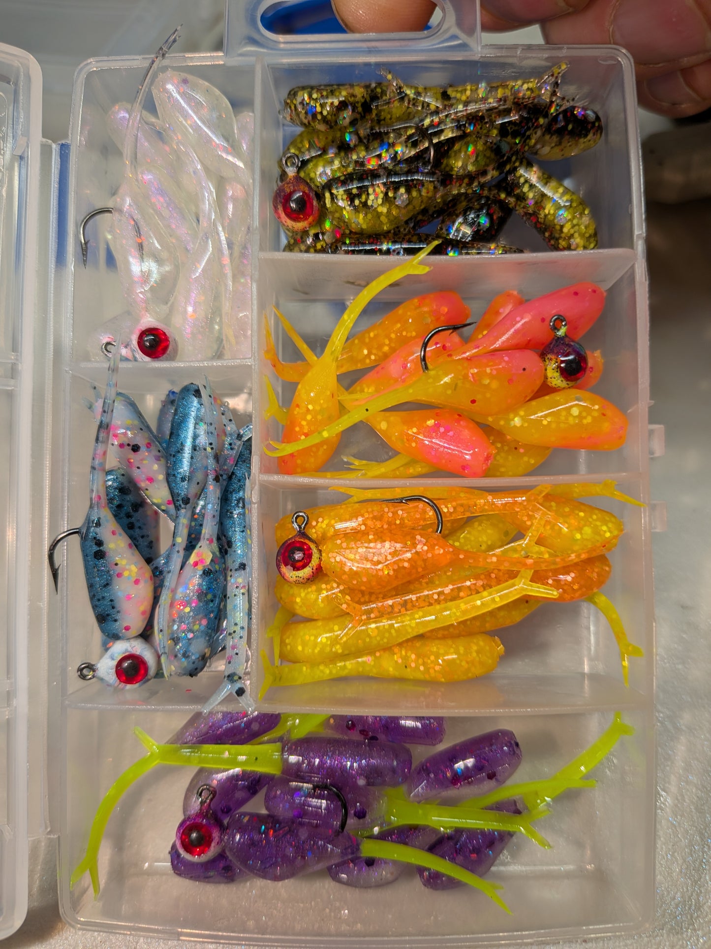 1.5" FC Split Tail Shad with matching 1/32oz Lead Head Jigs.