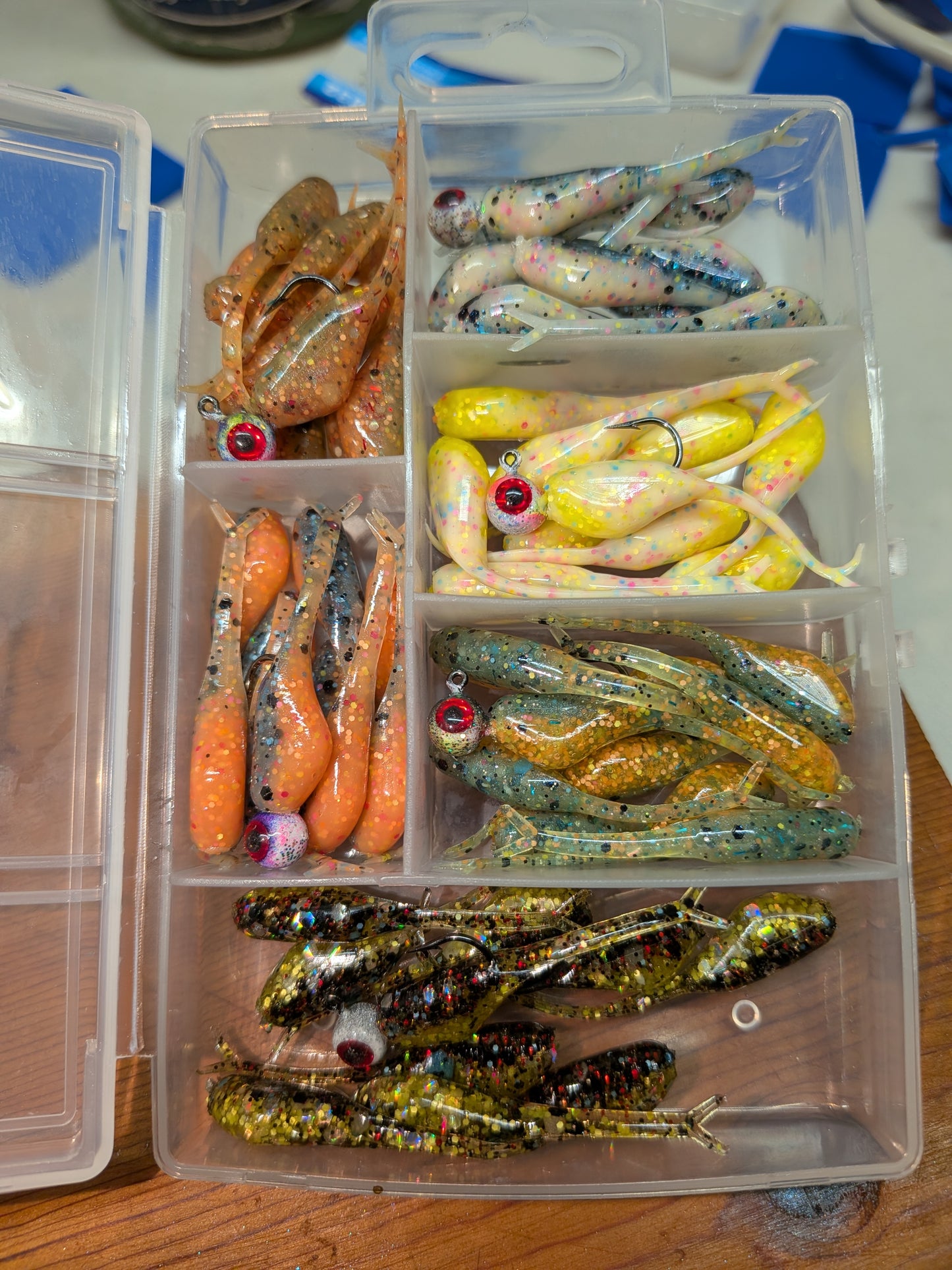1.5" FC Split Tail Shad with matching 1/32oz Lead Head Jigs.
