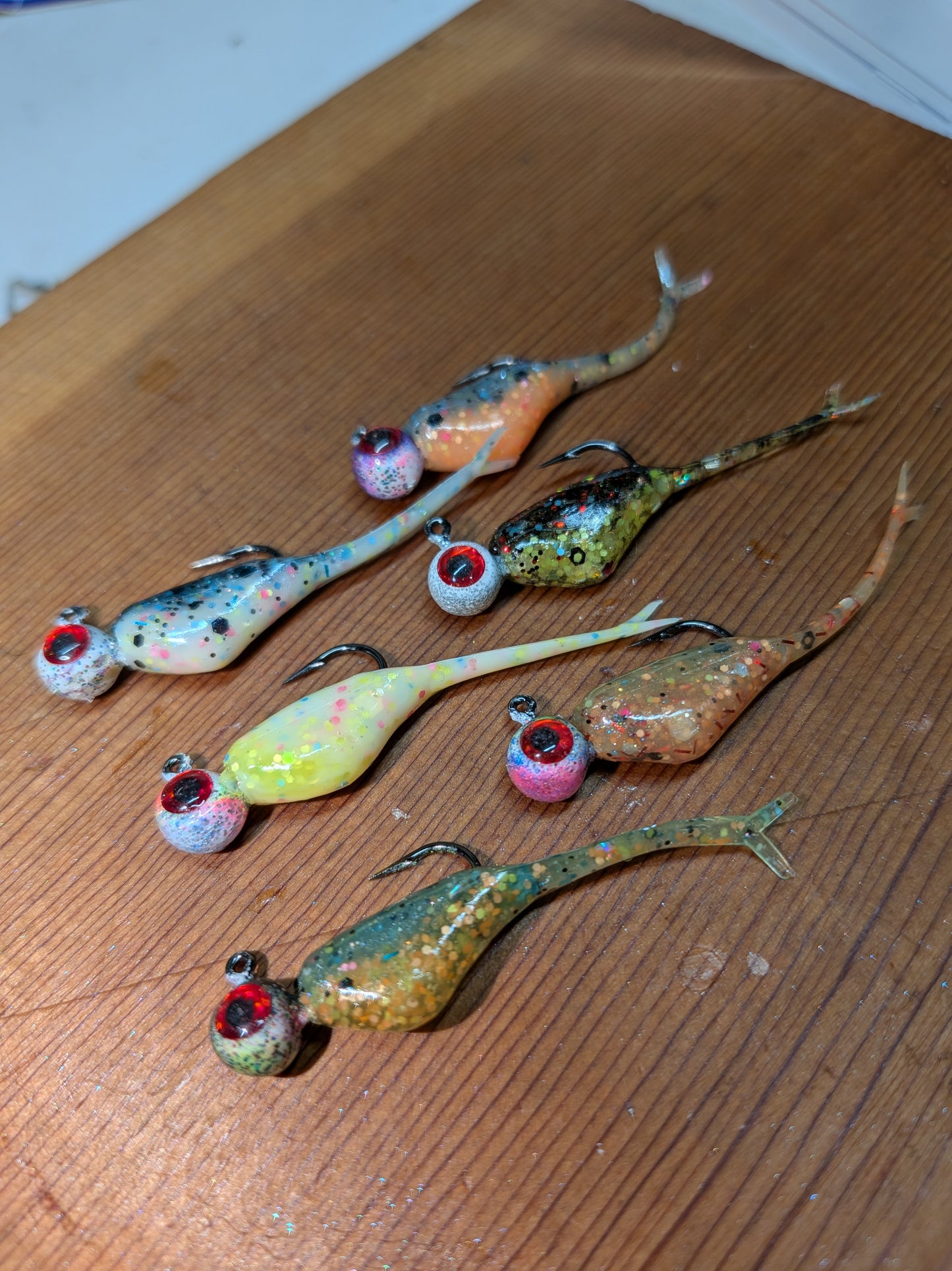 1.5" FC Split Tail Shad with matching 1/32oz Lead Head Jigs.