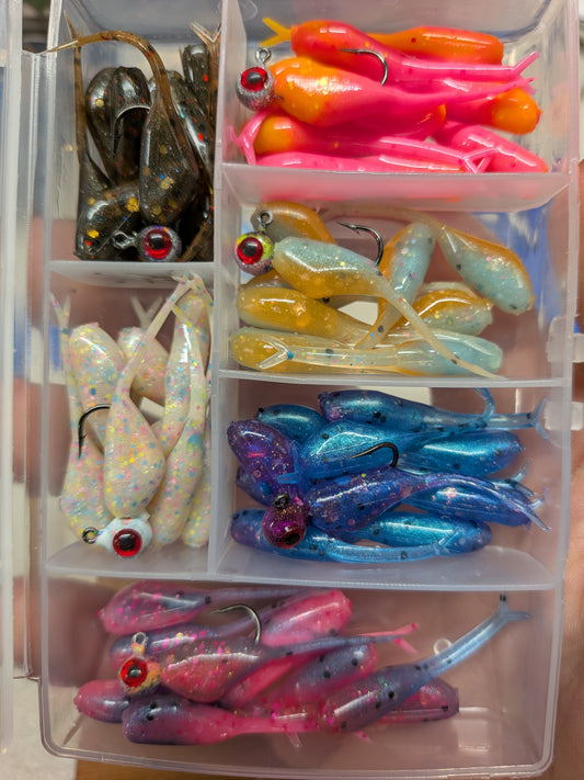 1.5" FC Split Tail Shad with matching 1/32oz Lead Head Jigs.